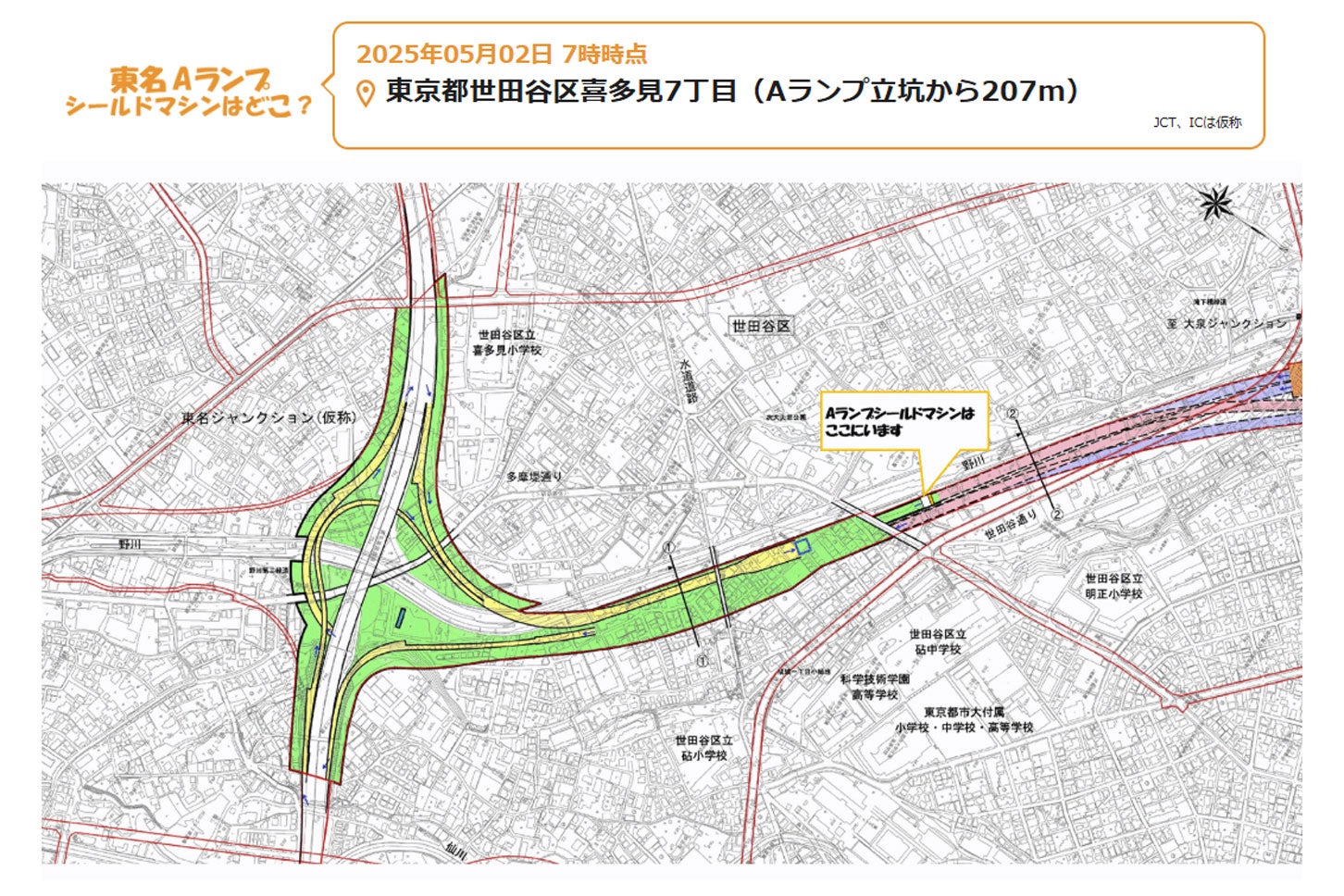 東名JCT Aランプのシールドマシン位置。