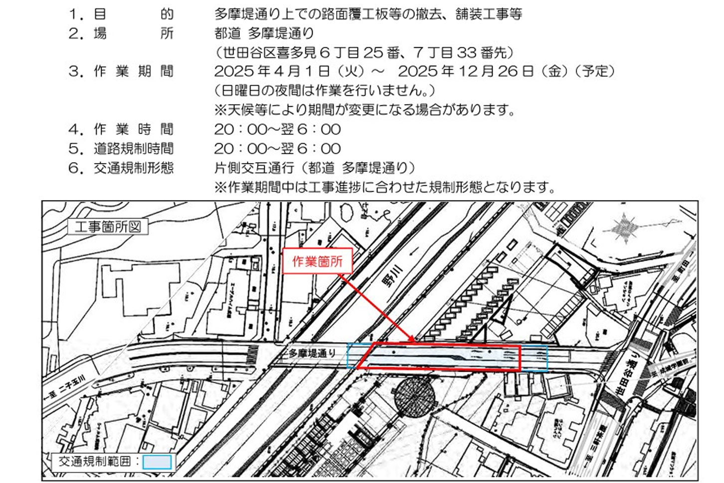 多摩堤通りにおける交通規制の概要。