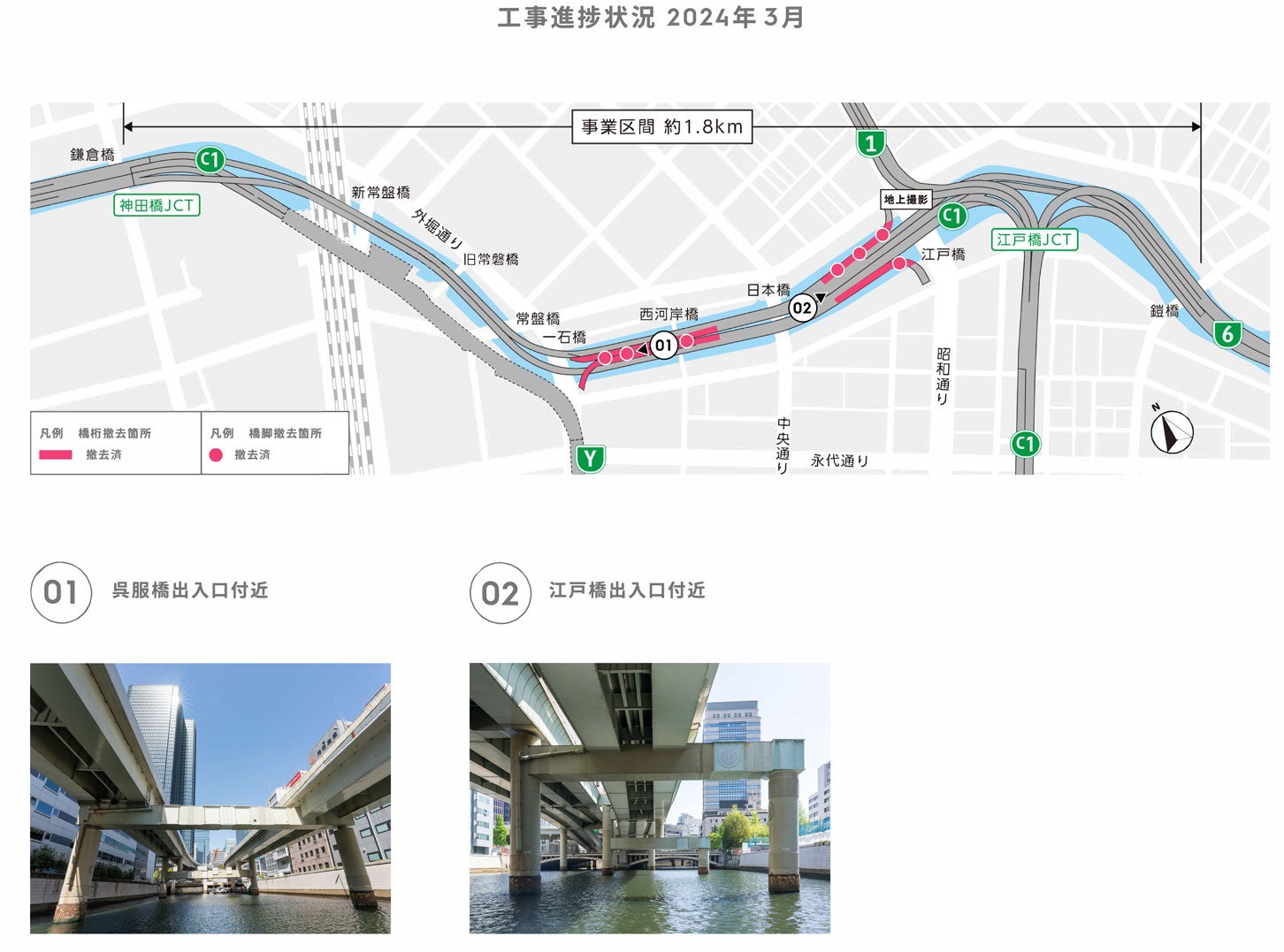 呉服橋・江戸橋出入口の橋脚撤去工事の概要。