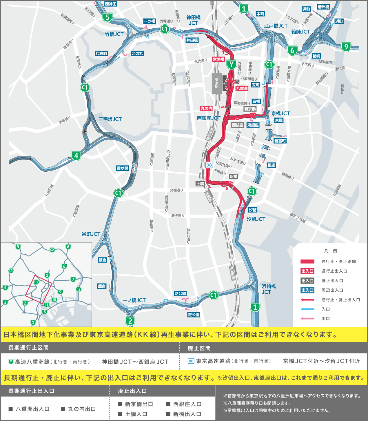 高速八重洲線の長期通行止めと東京高速道路（KK線）の廃止概要。