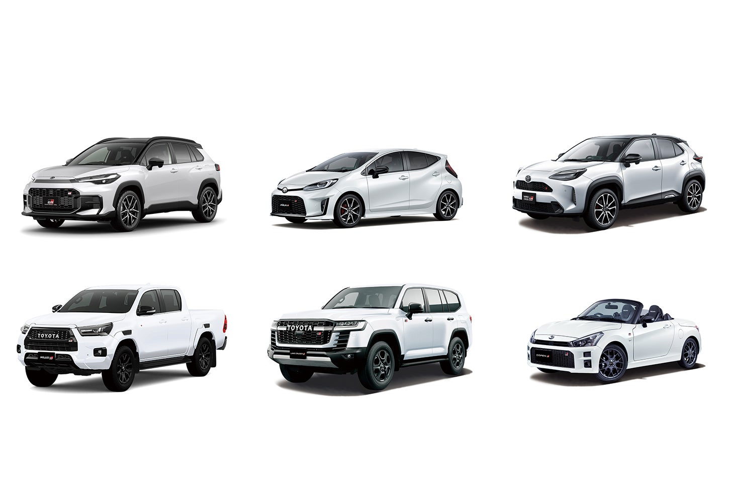 GR SPORTモデルラインナップ。上段左からカローラ クロス GRスポーツ、アクア GRスポーツ、ヤリス クロス GRスポーツ、下段左からハイラックス GRスポーツ、ランドクルーザー GRスポーツ、コペン GRスポーツ。