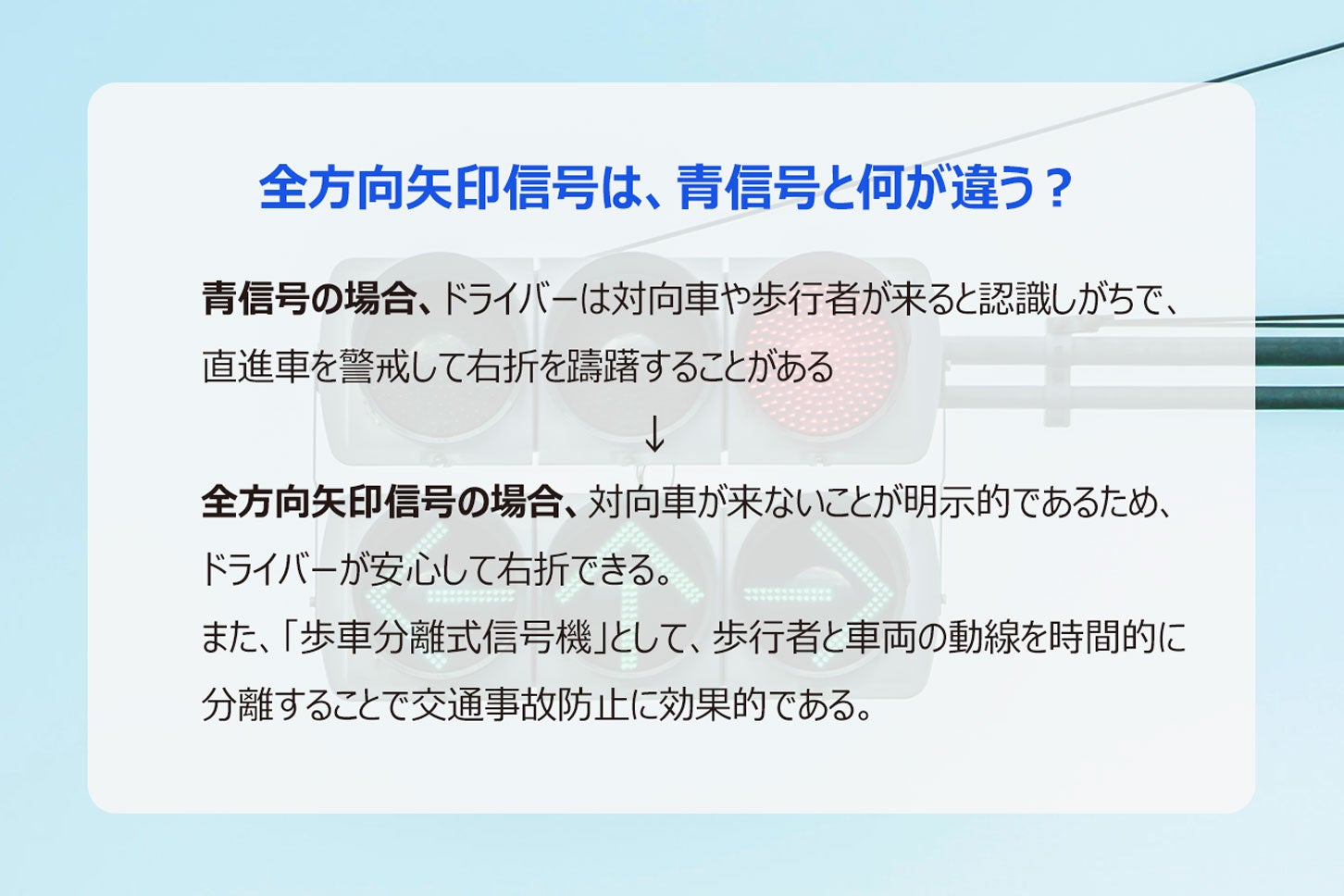 全方向矢印信号と青信号の違い。