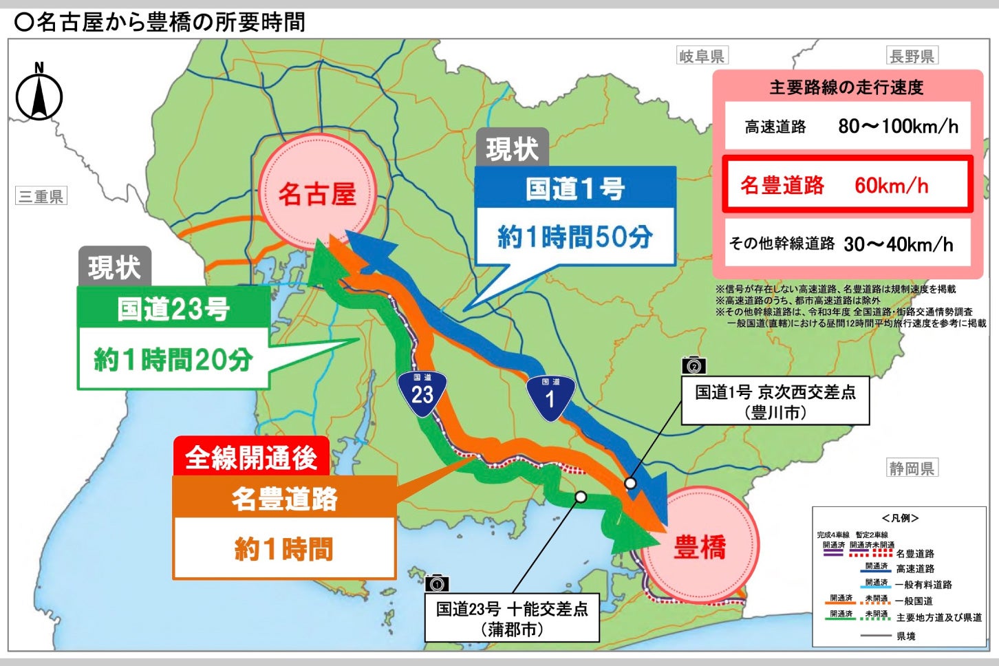 名古屋から豊橋の所要時間を示す資料（資料：国土交通省 中部地方整備局）