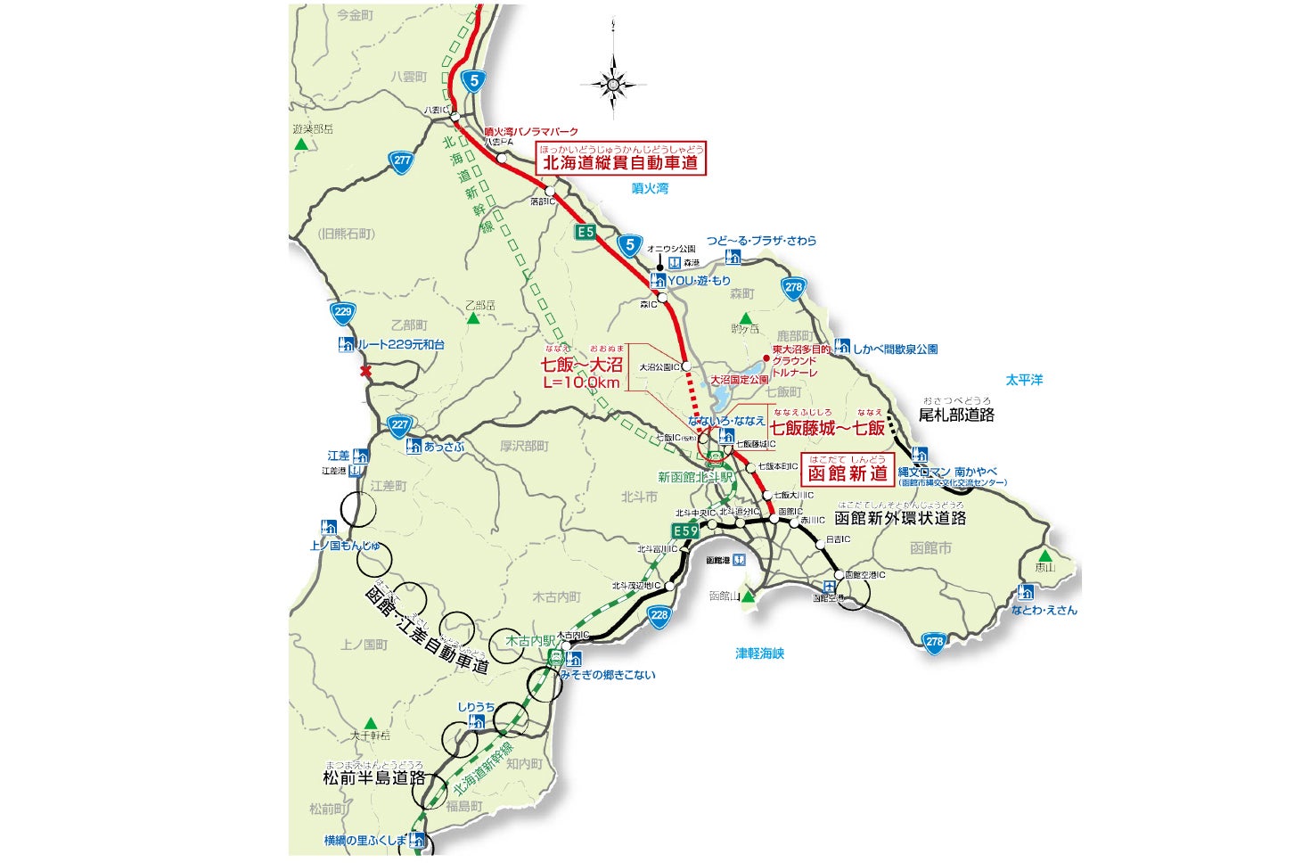 北海道縦貫自動車道と函館新道の整備状況。画像は北海道縦貫自動車道建設促進道南地方期成会の資料より抜粋。