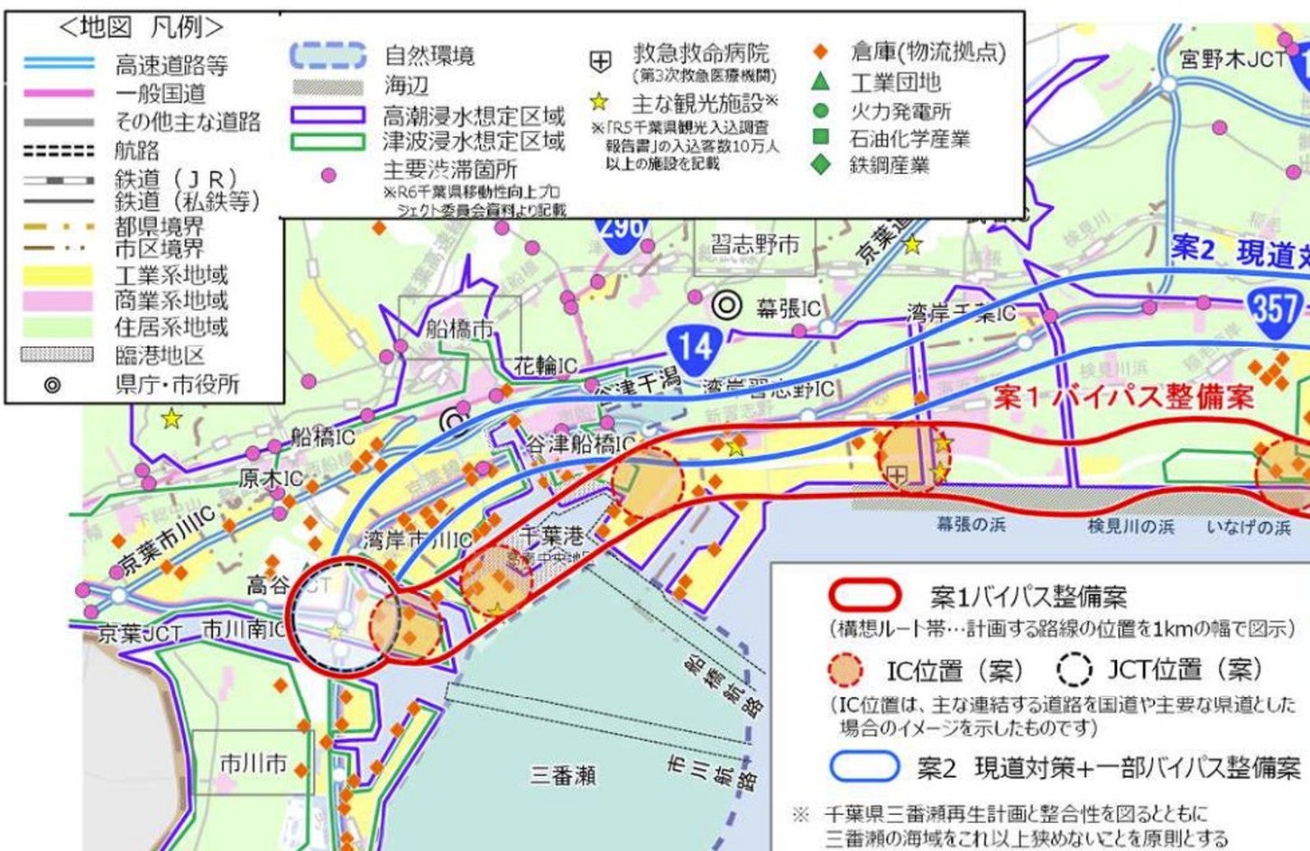 新湾岸道路の概略ルート案（西側）。