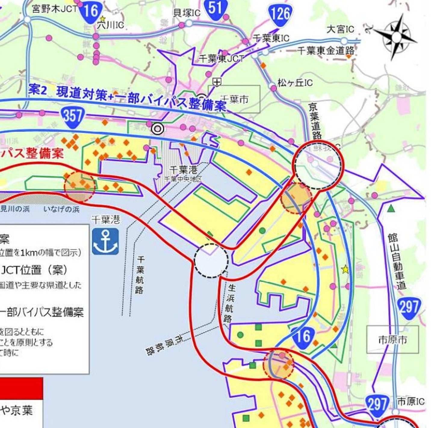 新湾岸道路の概略ルート案（東側）。