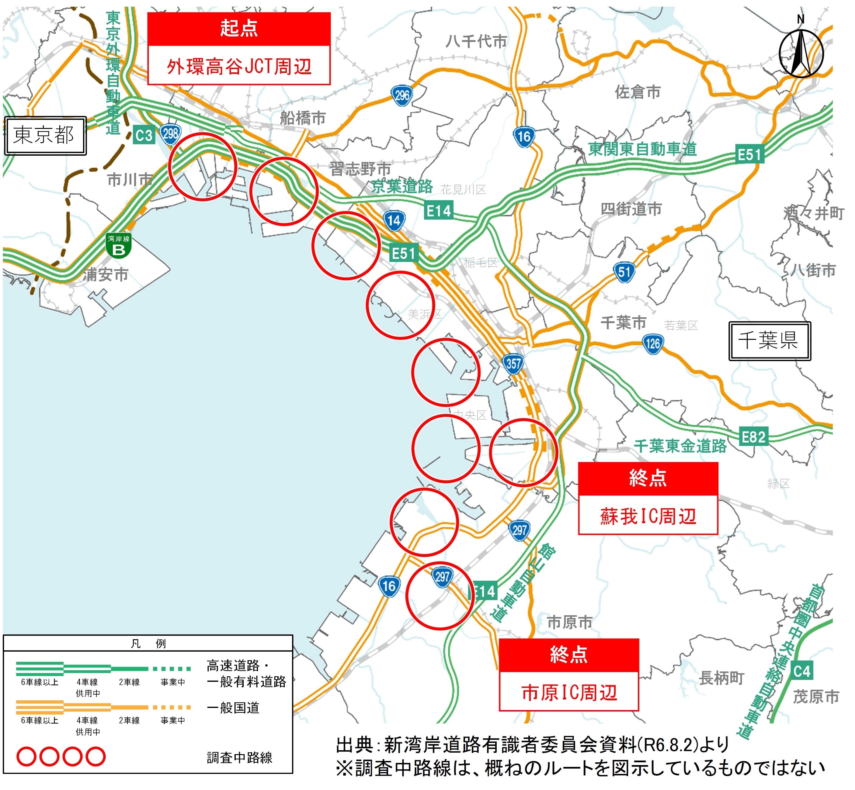 新湾岸道路の検討区間概要。外環道 高谷JCT付近を起点としたルートが想定されている。