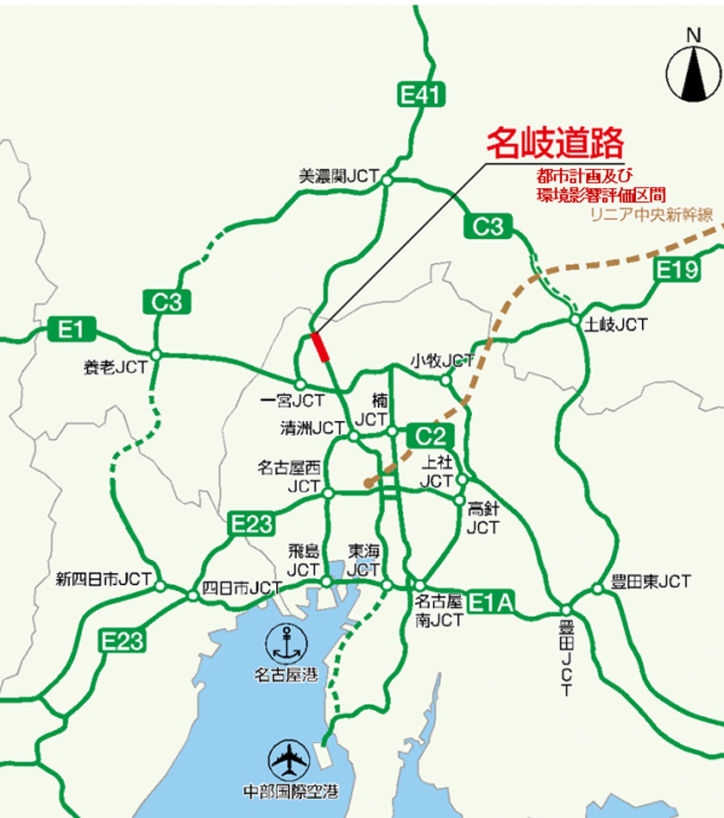 名岐道路を含む名古屋周辺の広域図。