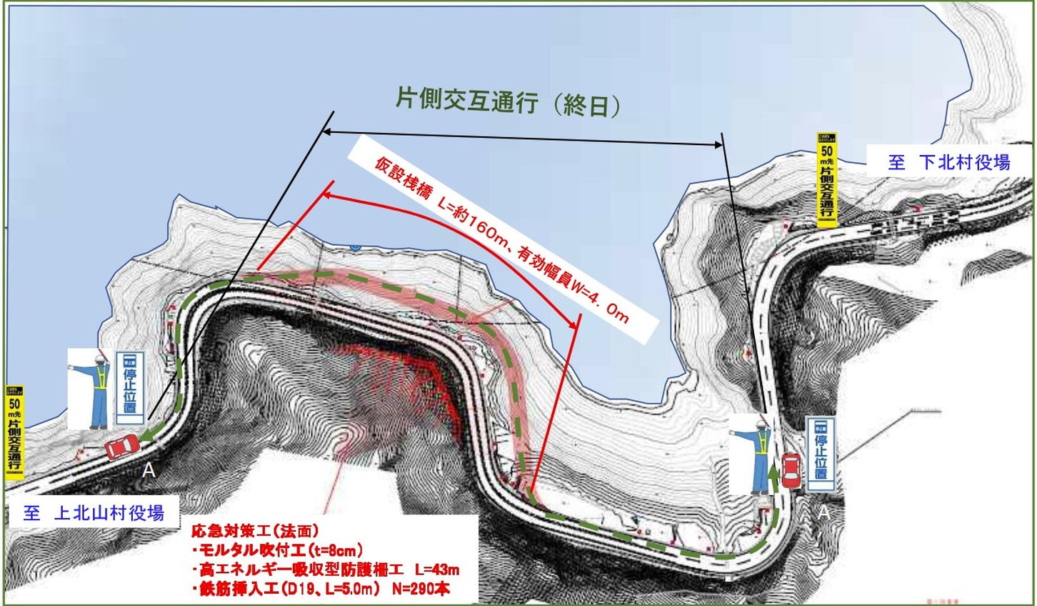 仮桟橋は、被災箇所を迂回するように片側交互通行で運用されている。