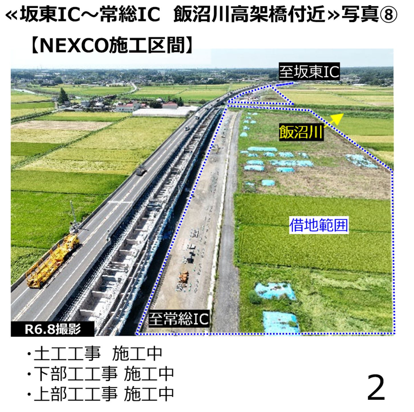 圏央道 坂東IC〜常総IC 飯沼川⾼架橋付近の工事状況。