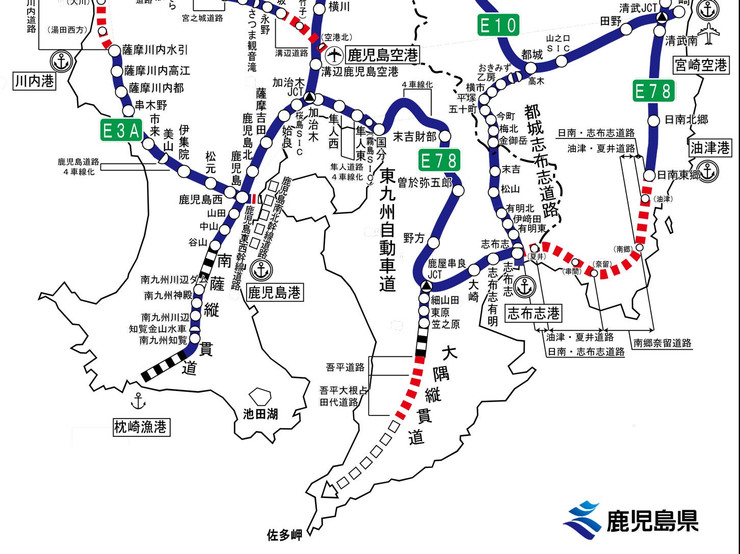 大隅縦貫道は東九州自動車道と一体となり、地域交通ネットワークを形成する。