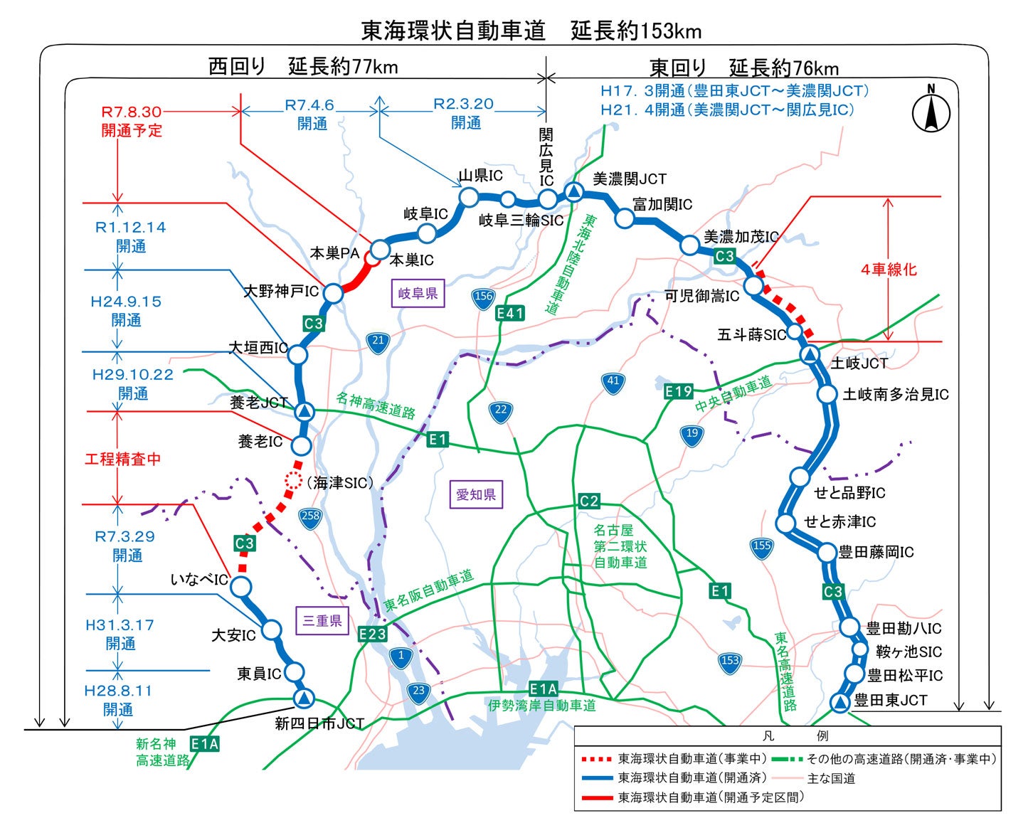 東海環状道の全体図。左上に位置する本巣IC〜大野神戸ICが、2025年8月30日に開通予定だ。