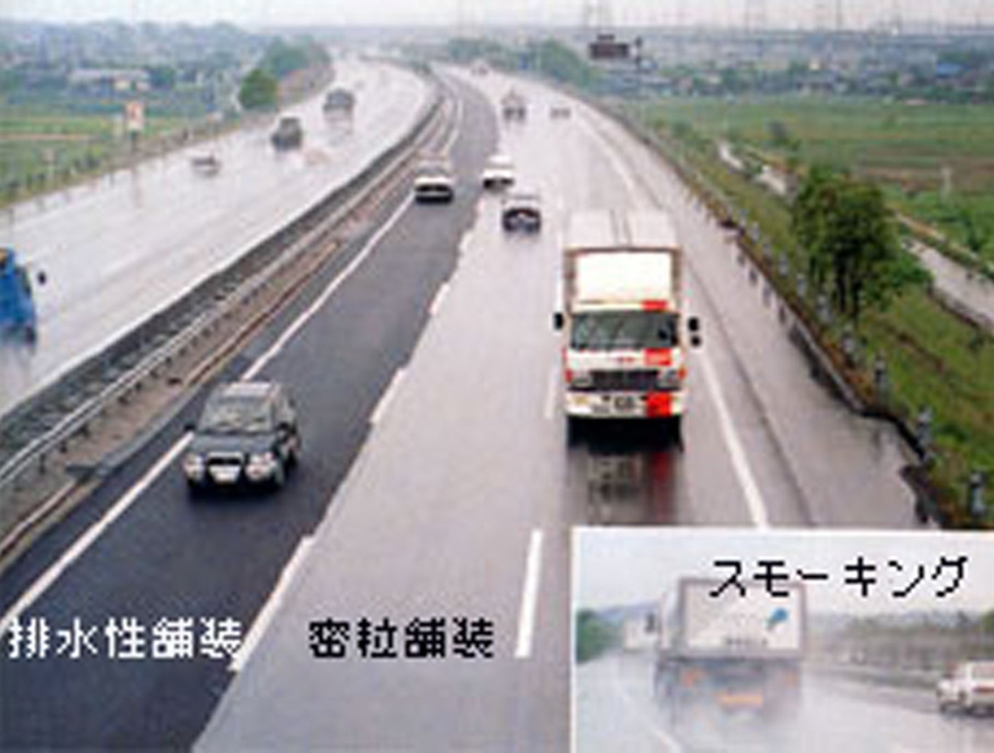 「排水性舗装」(左)と「密粒舗装」。「密粒舗装」とくらべると、「排水性舗装」の路面が濡れていないのがわかる。画像提供:大成ロテック株式会社