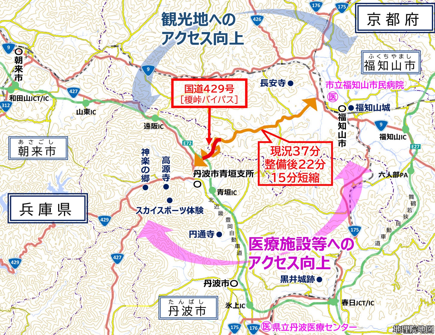 榎峠バイパスによってアクセス性が大きく向上する。