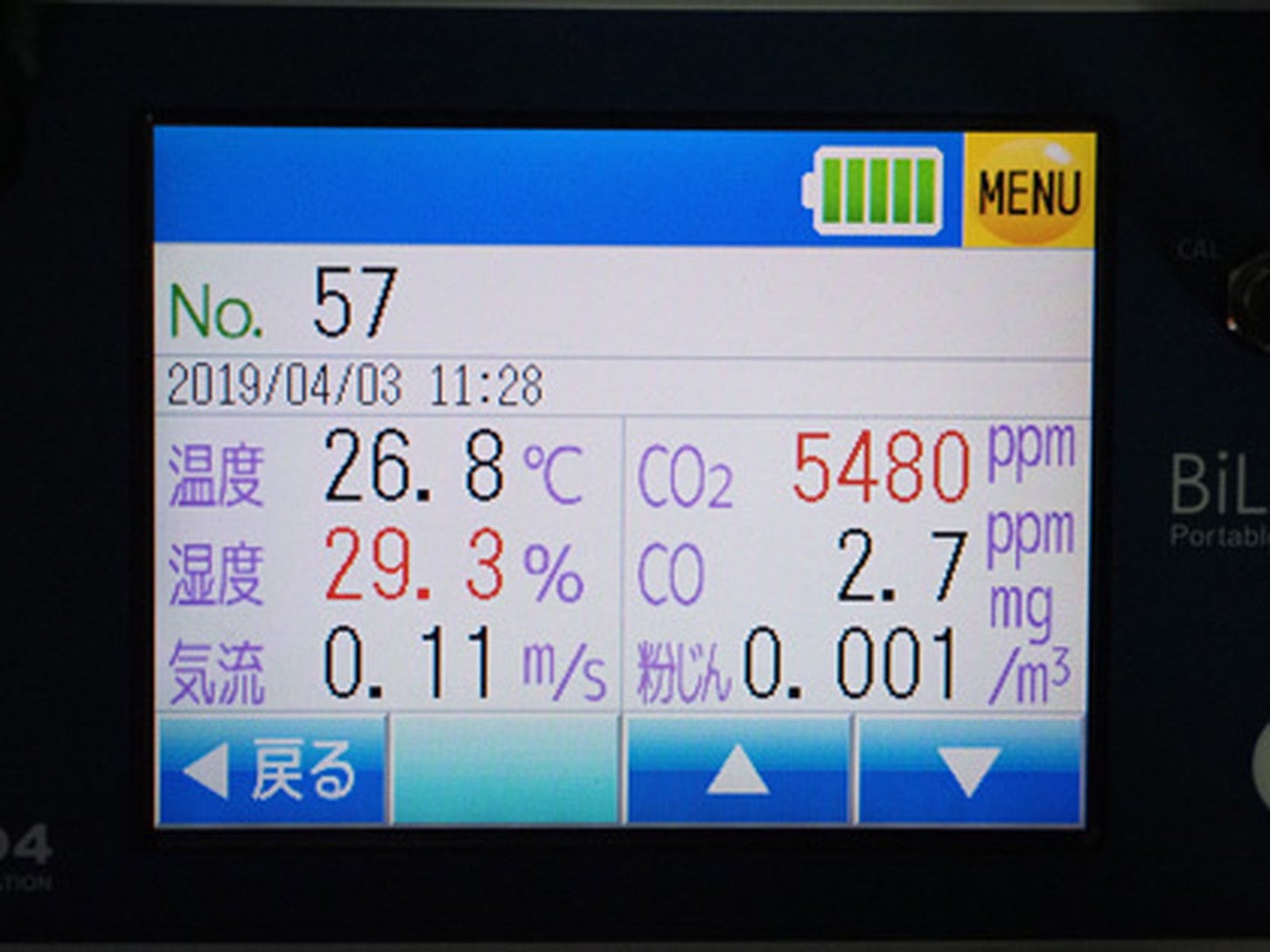 二酸化炭素（CO₂）や一酸化炭素（CO）、粉じん、温度、湿度、気流が測定できる計測器を使用した。