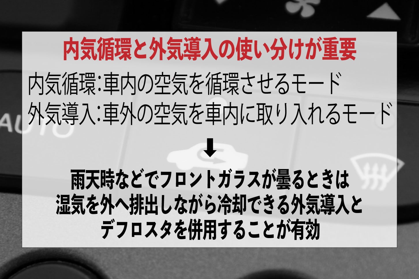「内気循環」と「外気導入」は適切に使い分けることが必要。