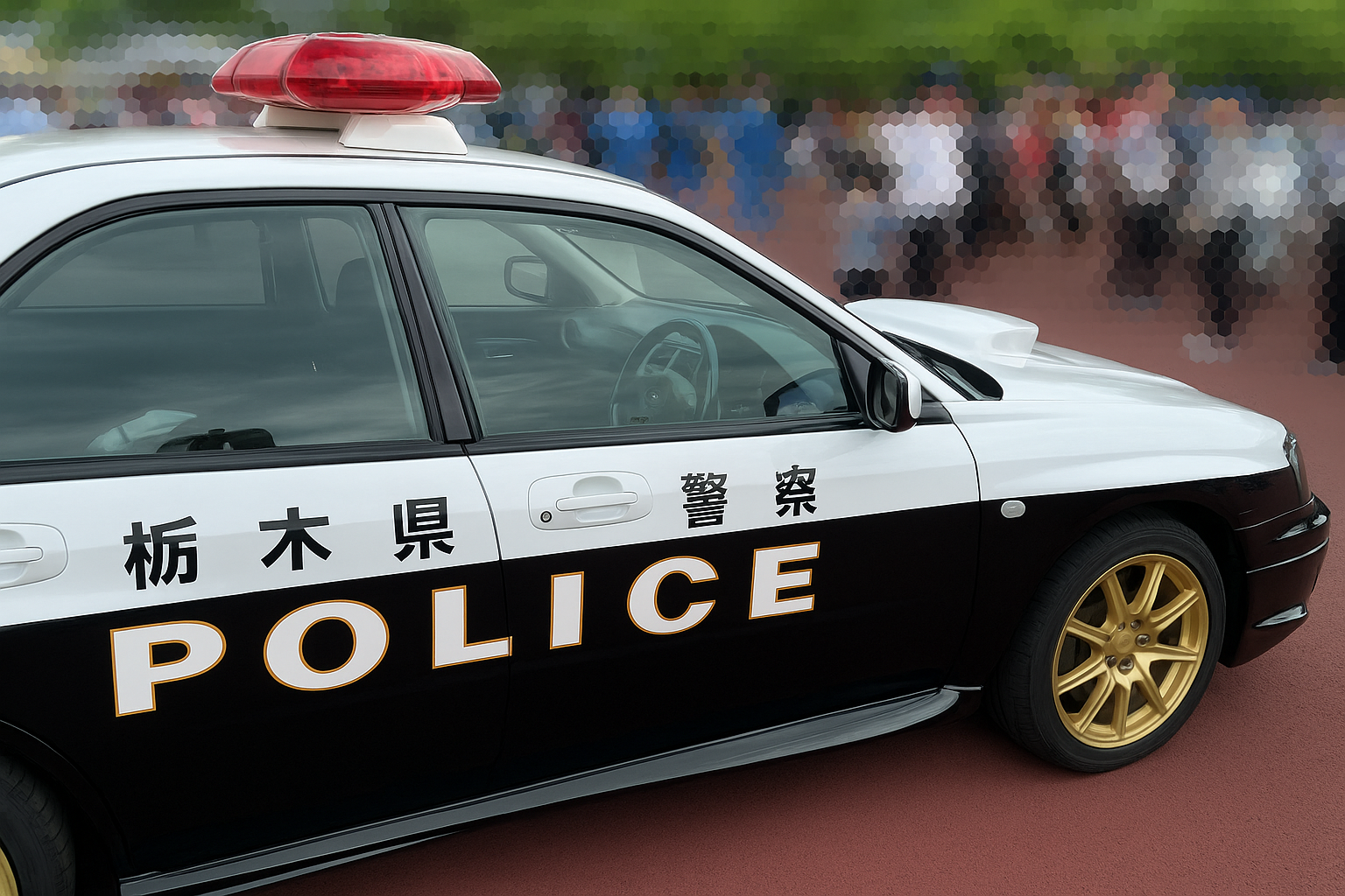 モビリティリゾートもてぎに展示された「インプレッサWRX STi」パトカー。