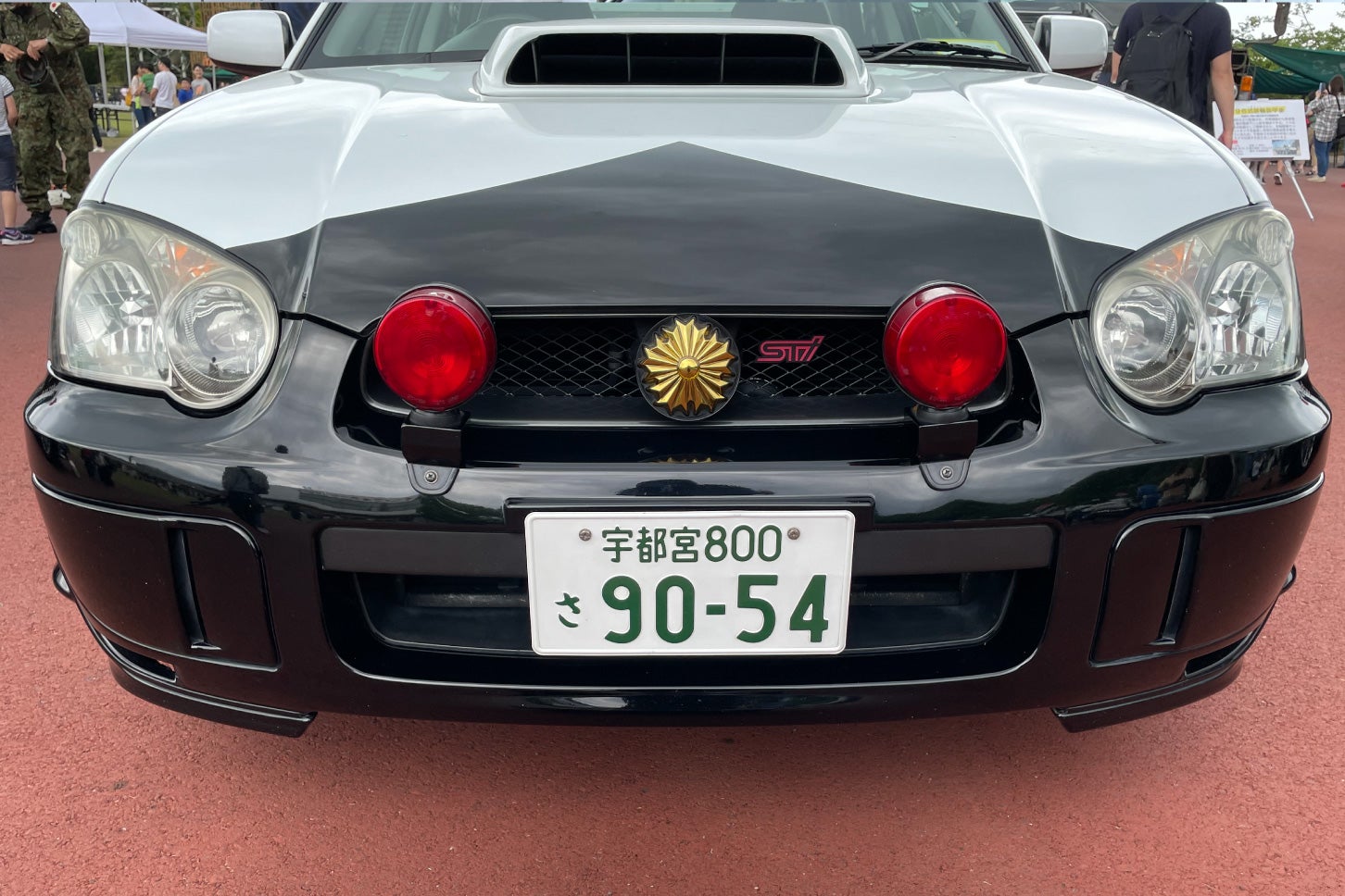 モビリティリゾートもてぎに展示された「インプレッサWRX STi」パトカー。