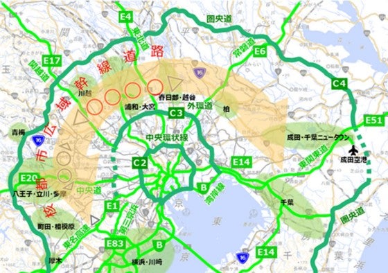 圏央道と外環道の中間エリアで構想されている「核都市広域幹線道路」