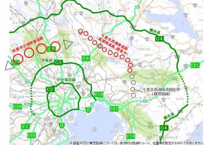 「核都市広域幹線道路」の一部として、千葉北西連絡道路も計画されている。