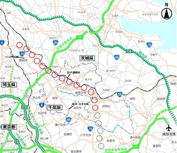 千葉北西連絡道路の計画検討区間。赤丸が検討段階のルート帯。