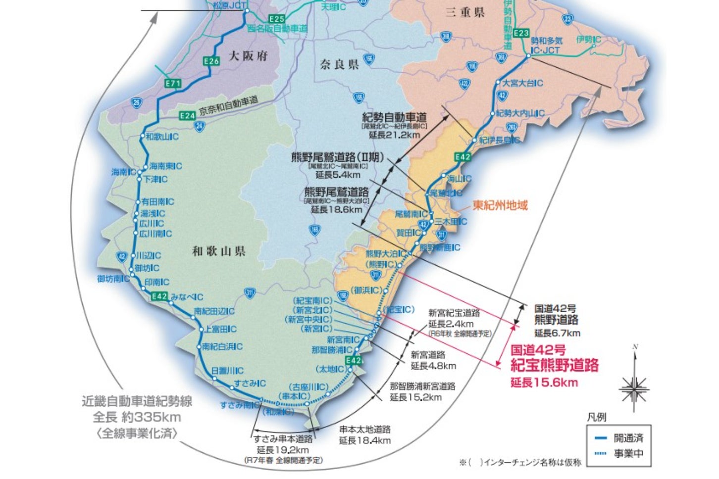 紀勢自動車道の未開通部分は3か所ある。前述の通り「すさみ串本道路」の開通は、2027年度夏へと変更されている。