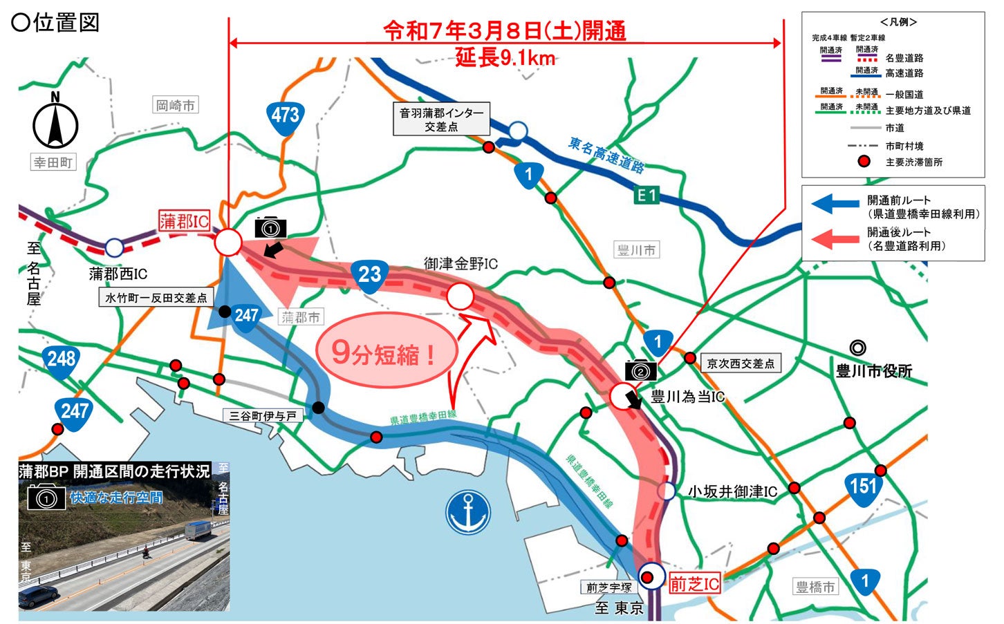 蒲郡バイパスの開通により、前芝ICから蒲郡ICへの移動が最大9分短縮された。