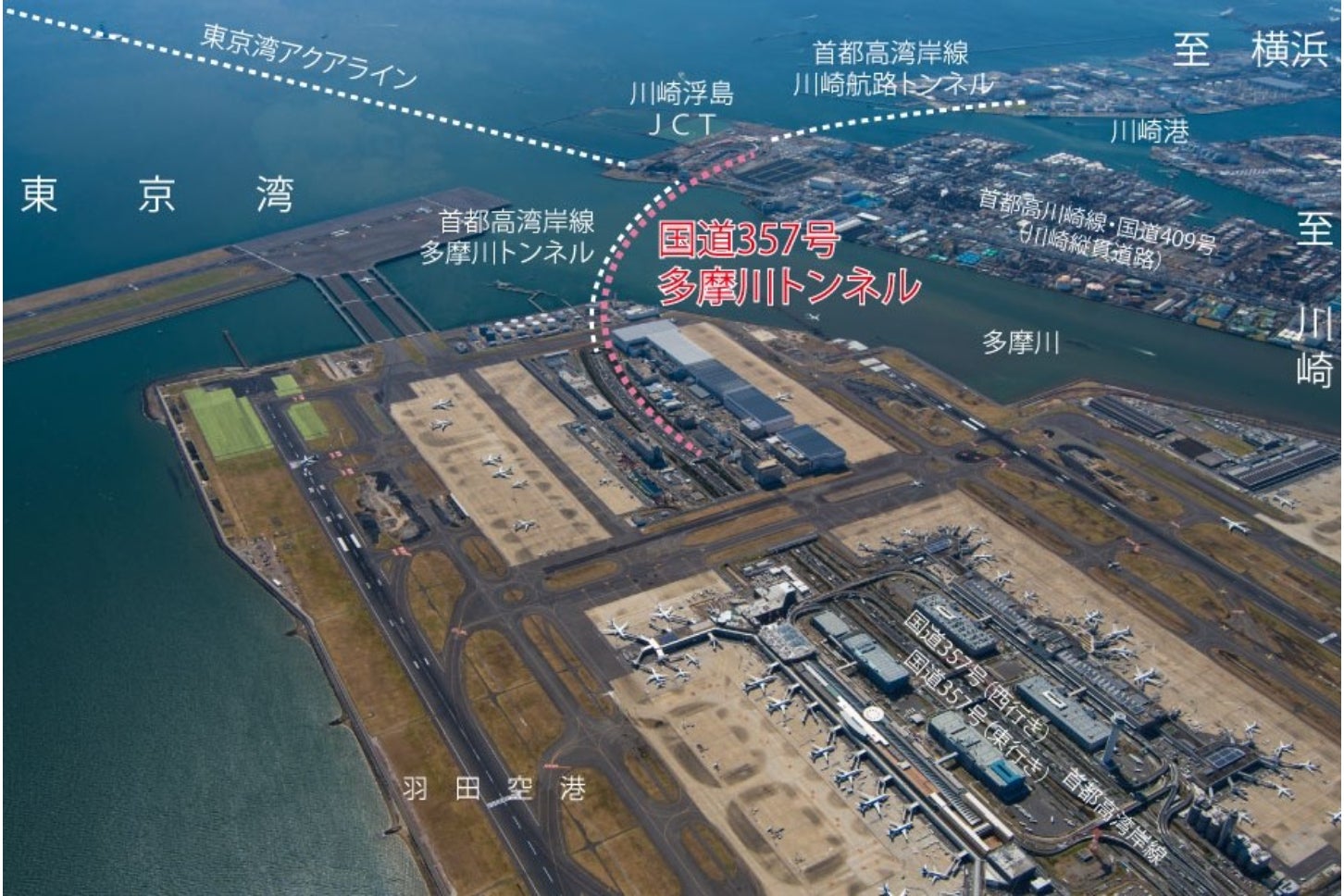 羽田空港と川崎浮島ジャンクションをつなぐ、国道357号「多摩川トンネル」計画が進行中。