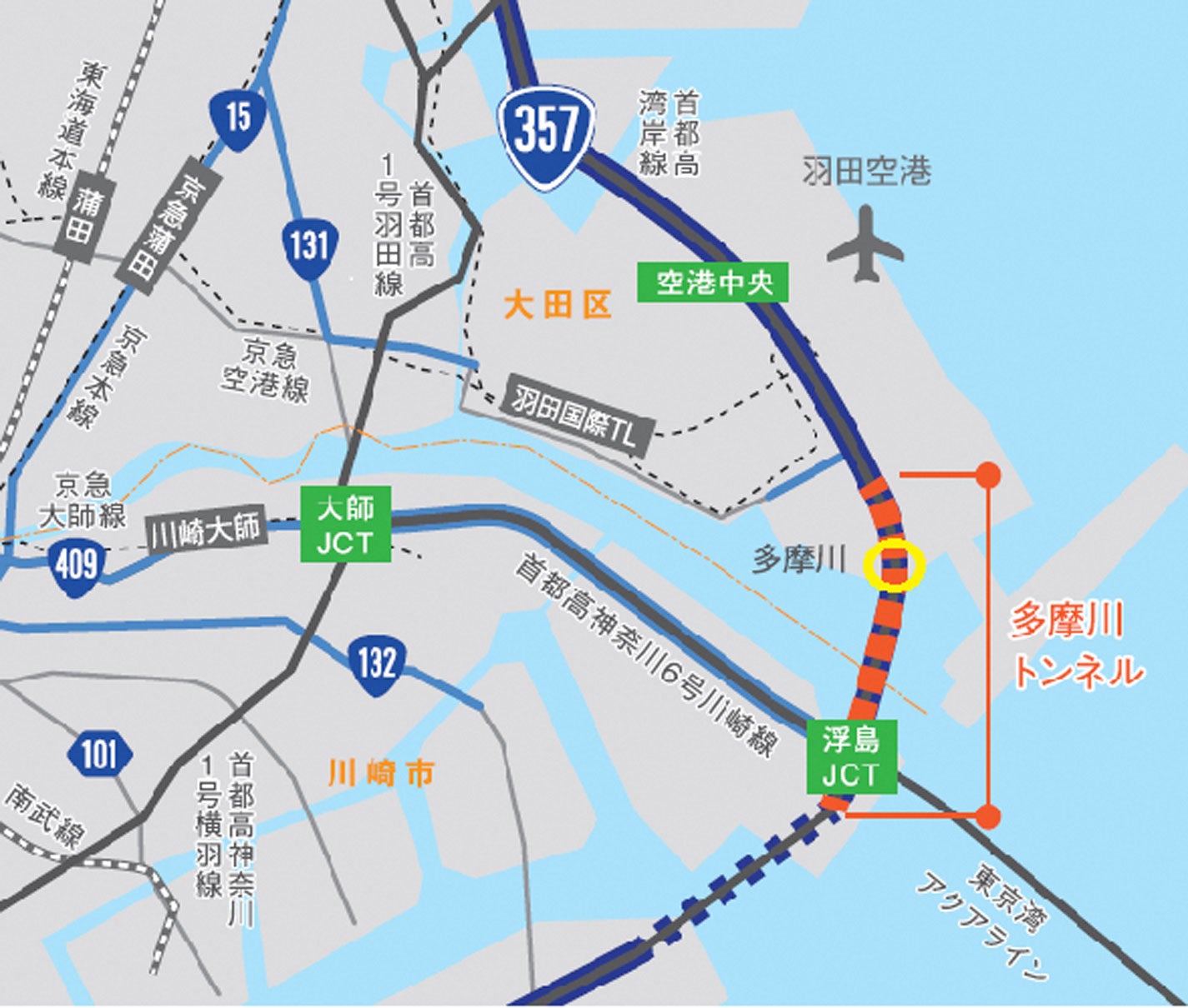 多摩川トンネル一般部の位置図。