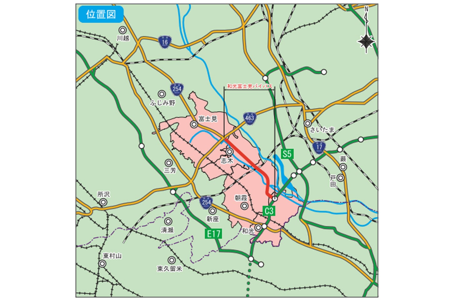 和光富士見バイパスの位置図。
