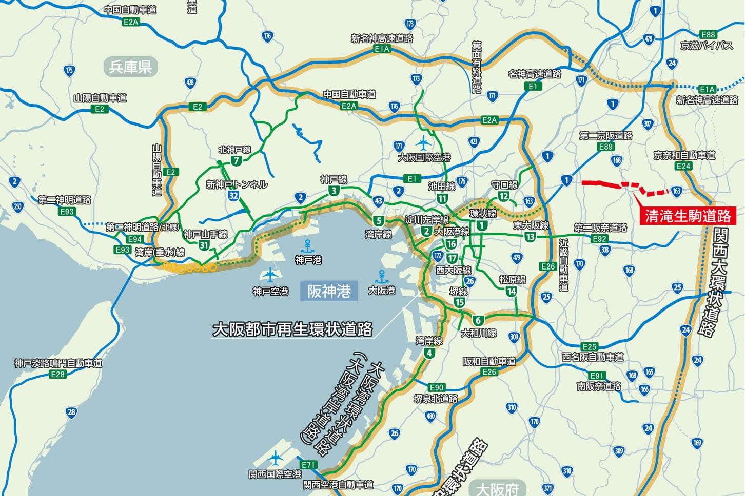 国道163号「清滝生駒道路」の位置図。