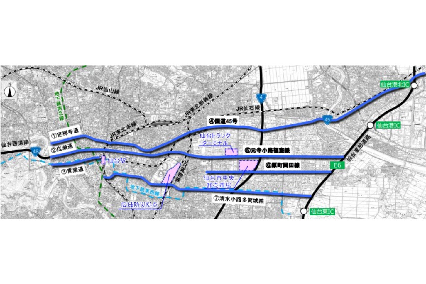 「仙台東道路」の導入空間。これらの道路に高架かトンネルのバイパスが設けられる想定だ。