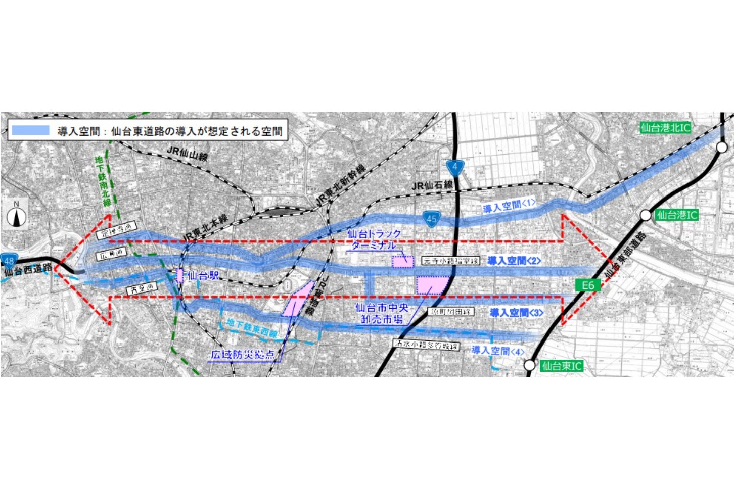 「仙台東道路」の導入区間の候補。これらの道路に高架かトンネルのバイパスが設けられる想定だ