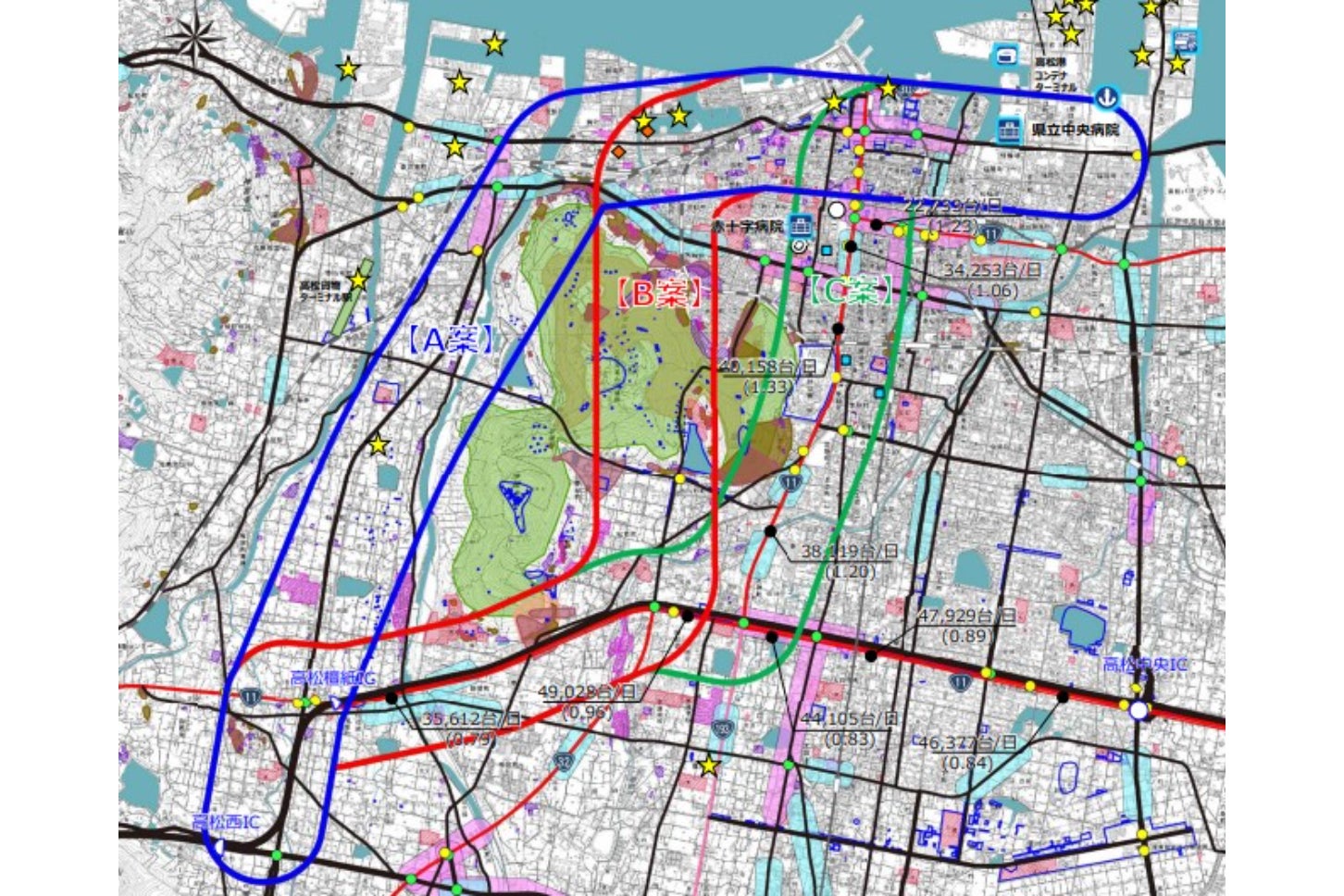 高松環状道路（高松西IC～高松港）のルート候補。