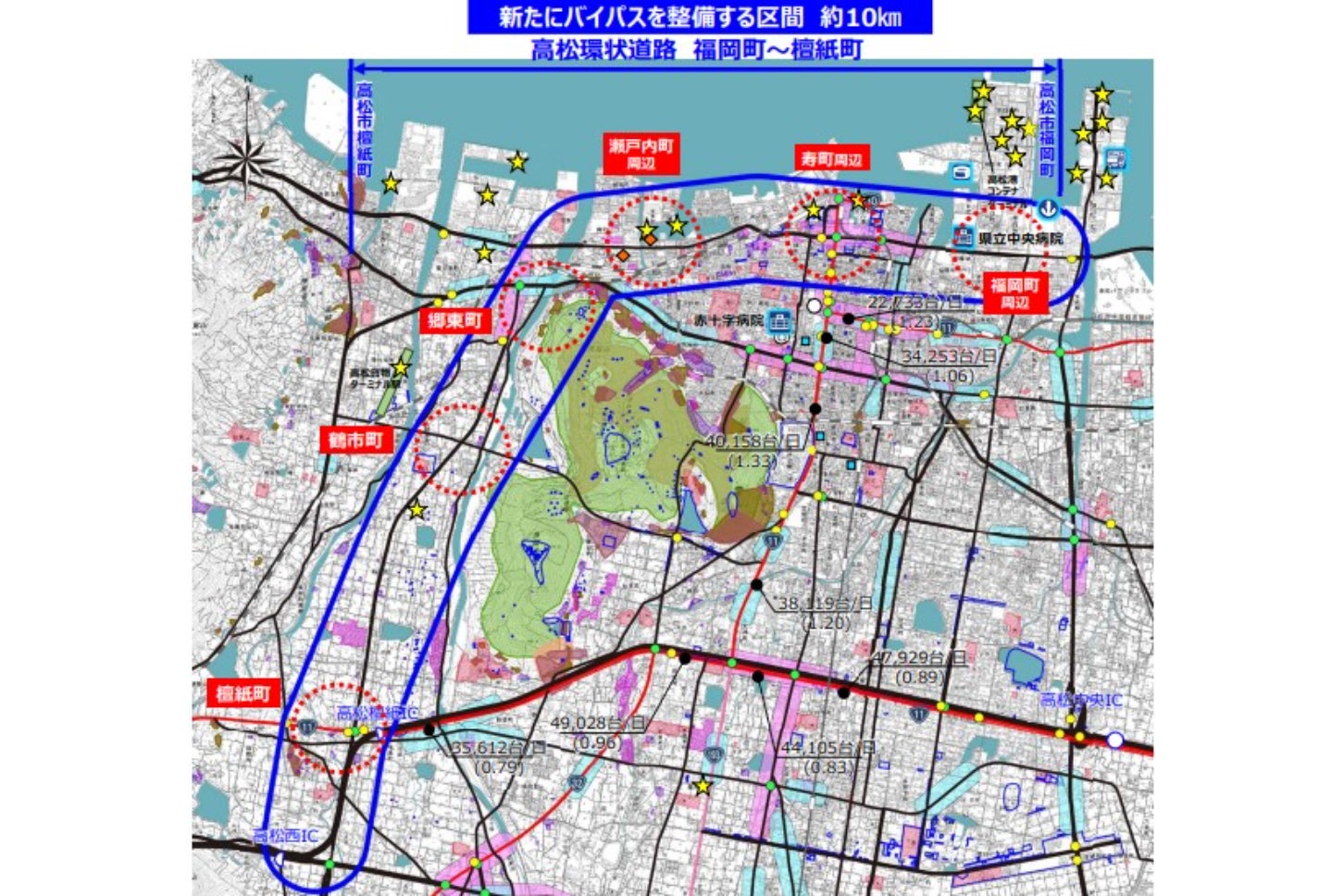 高松環状道路（高松西IC～高松港）の概略ルート最終案。