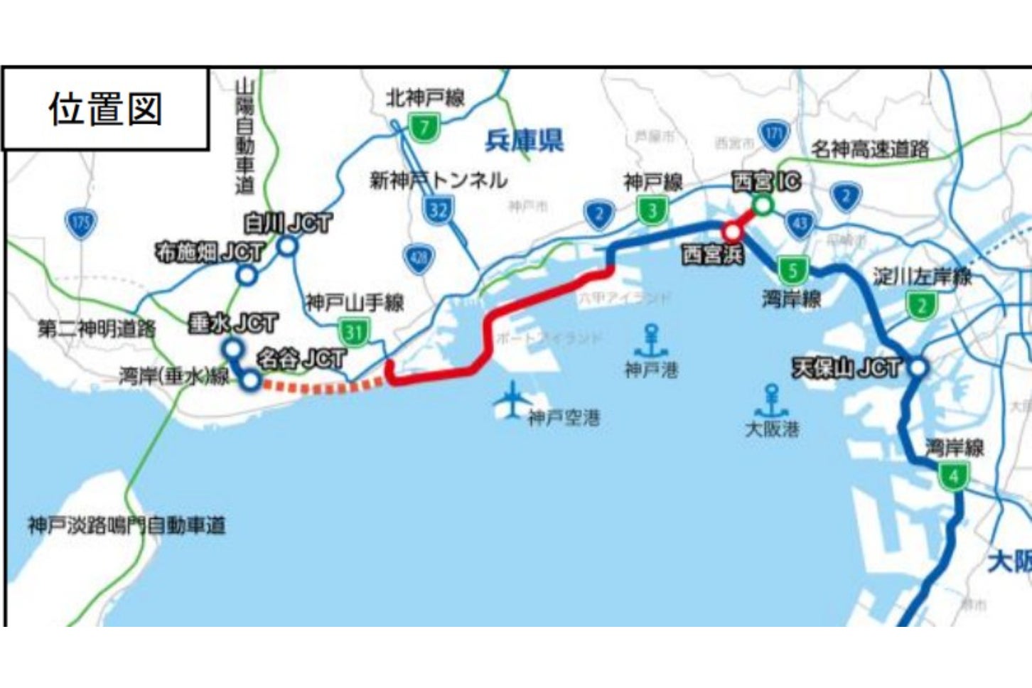 「名神湾岸連絡線」の概要。5号湾岸線の西側延伸と同時に進められる