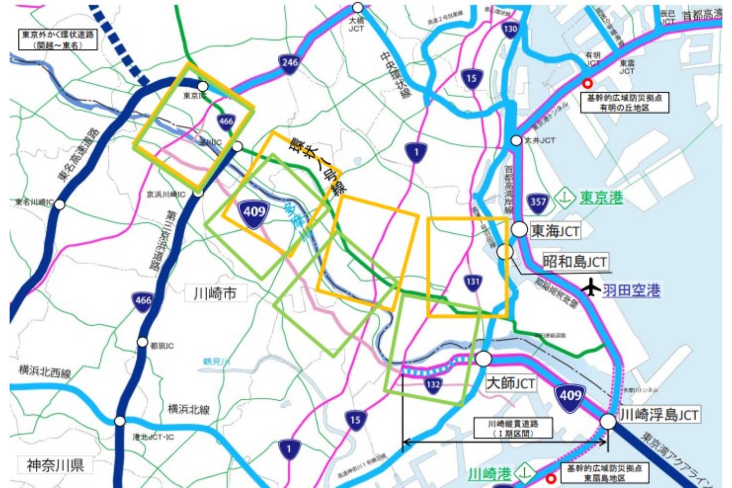 外環道 東名高速~湾岸道路は、東京側ルートと川崎側ルートの2パターンが検討されている。