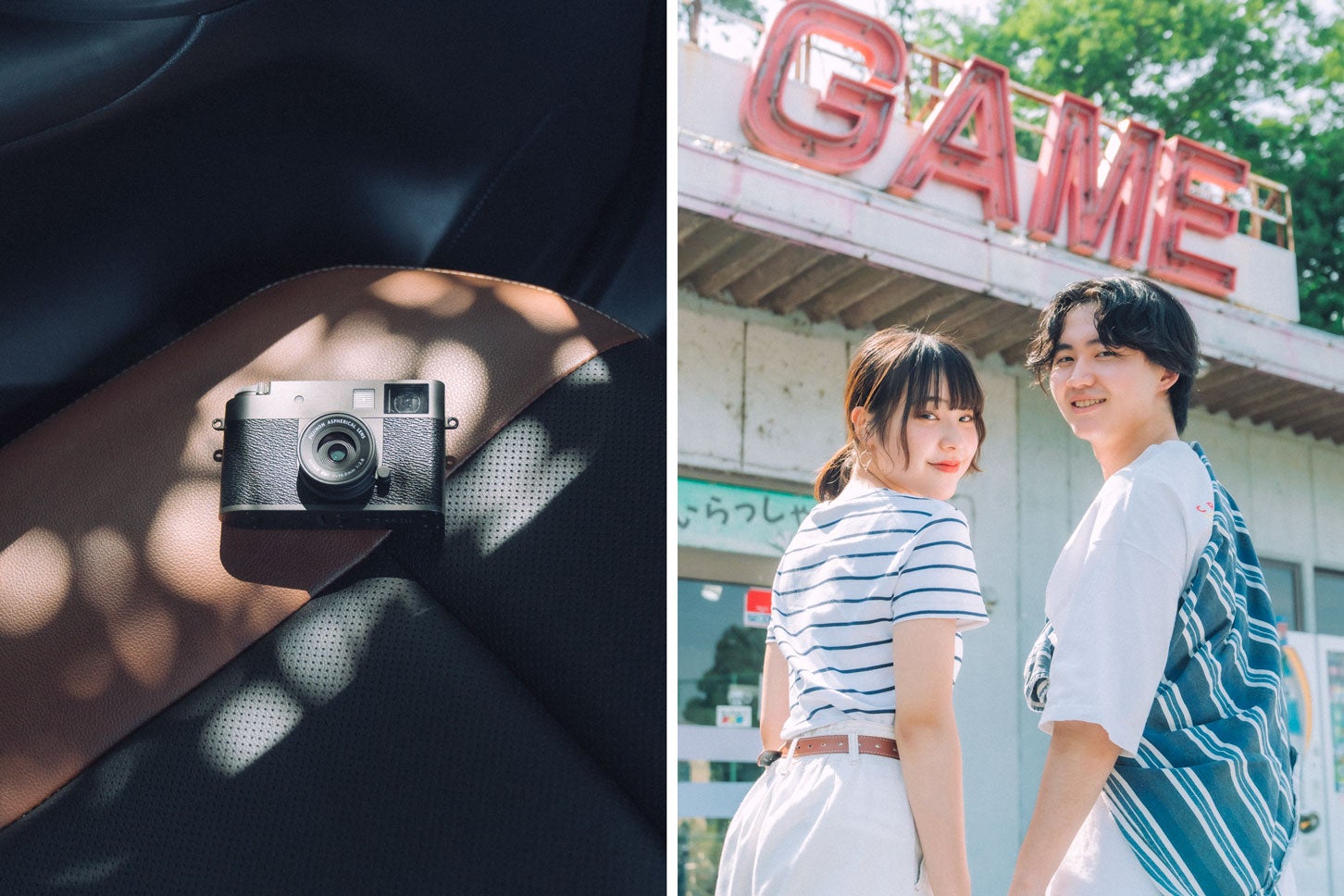 （左）富士フイルム X half。　（右）群馬のドライブルートを巡ってくれた「たいがくん＆あさひちゃん」カップル。