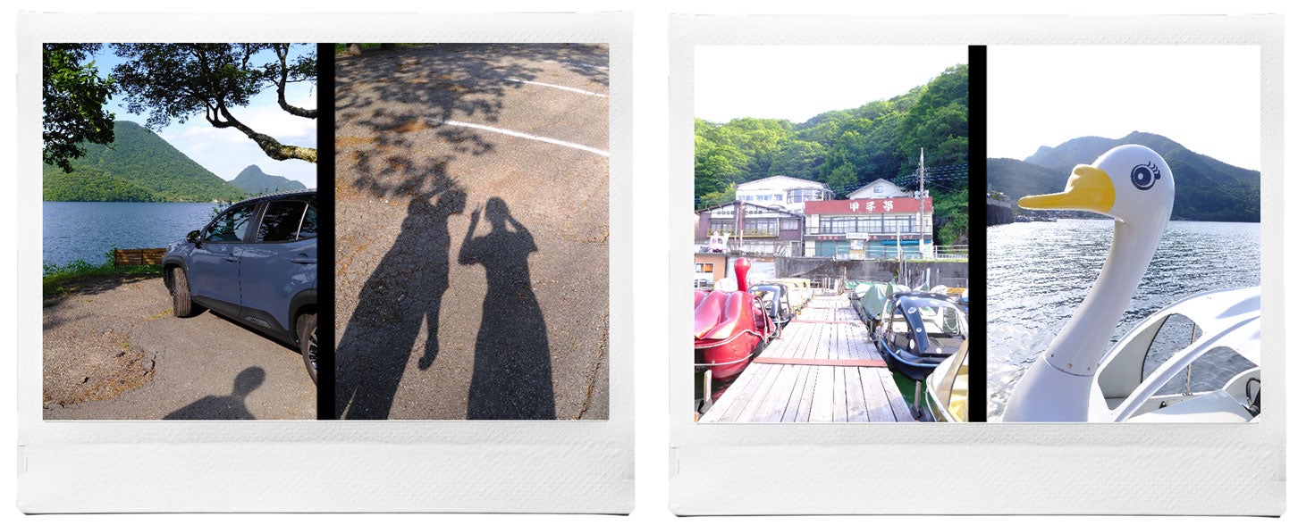 ドライブの相棒「ヤリスクロスZ "Adventure"」と榛名富士。甲子亭のボート乗り場はカラフルなので写真をたくさん撮りたくなる。フィルムシミュレーション「Velvia／ビビッド」を使用。
