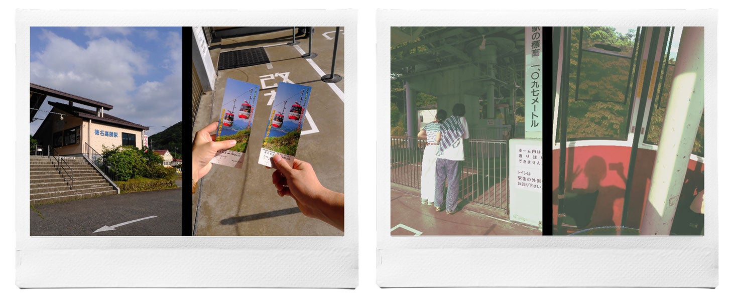 榛名山ロープウェイのスタート地点。左はフィルムシミュレーション「Velvia／ビビッド」を使用。右のレトロな質感の写真は、期限切れフィルム（グリーン）のフィルタを使用。