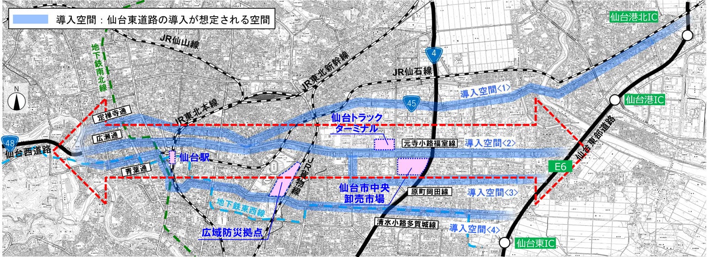 「仙台東道路」の導入空間。これらの道路に高架かトンネルのバイパスが設けられる想定だ。