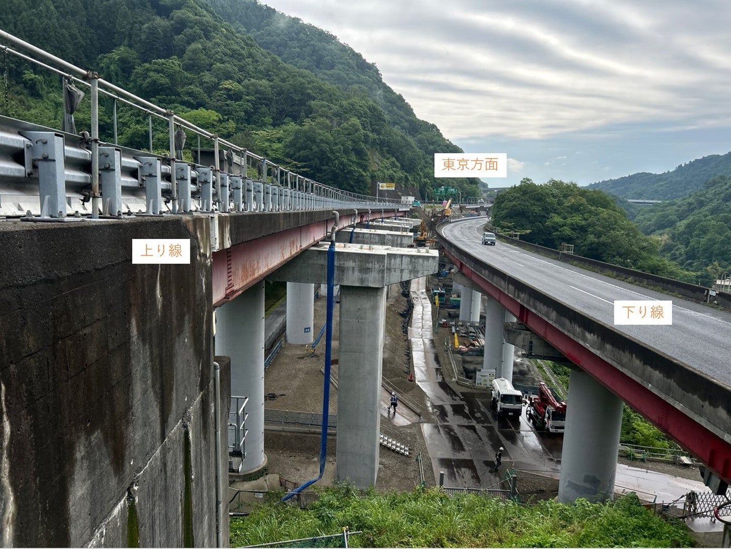 小仏トンネルを抜けた先の上長房橋（上り）では、中央分離帯側を拡幅中。