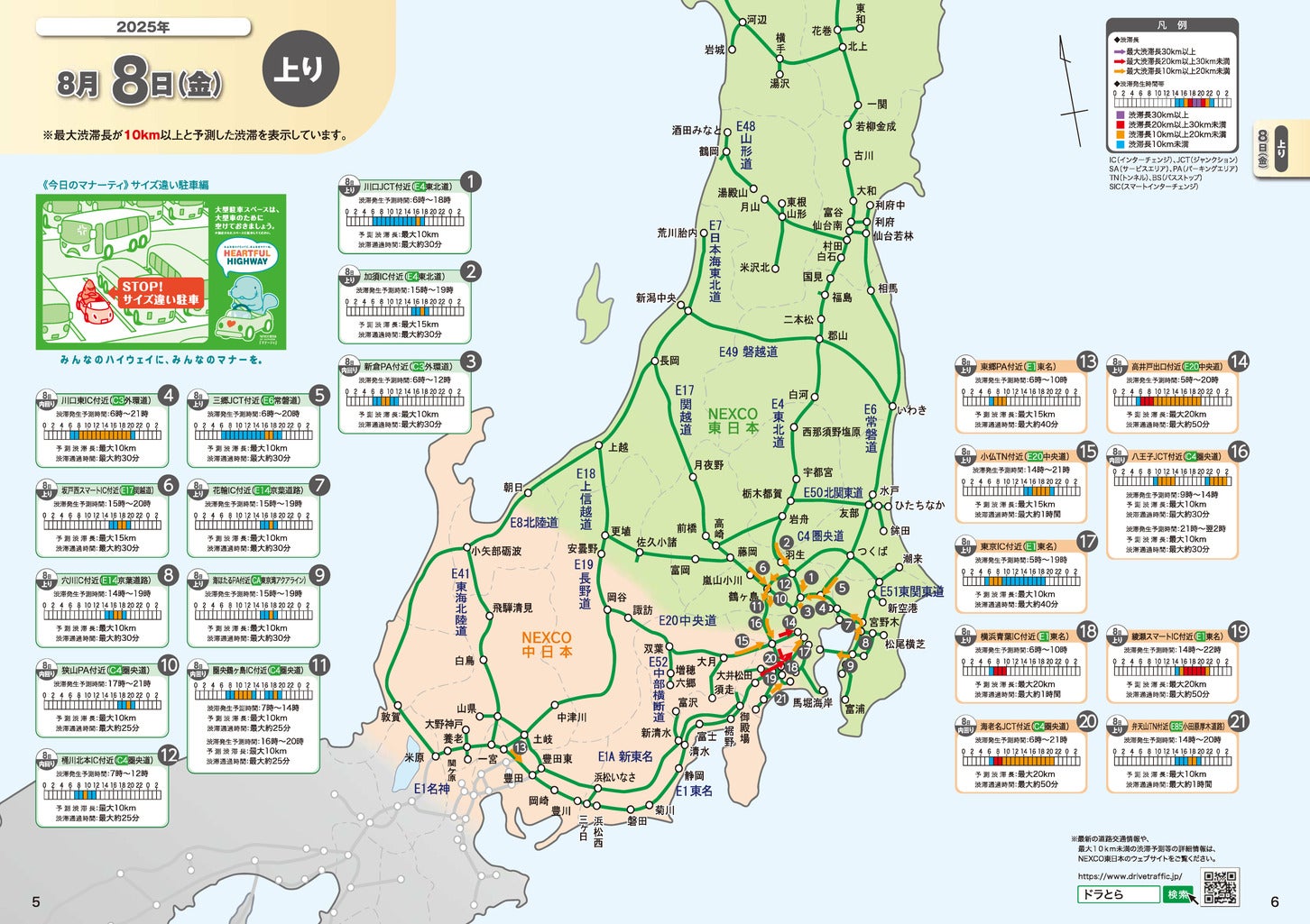 2025年 お盆期間中の渋滞予測マップ。（c）NEXCO東日本