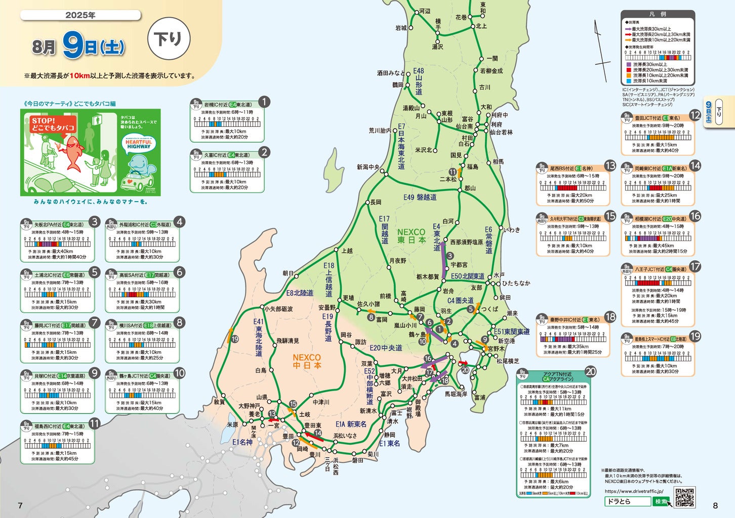 2025年 お盆期間中の渋滞予測マップ。（c）NEXCO東日本