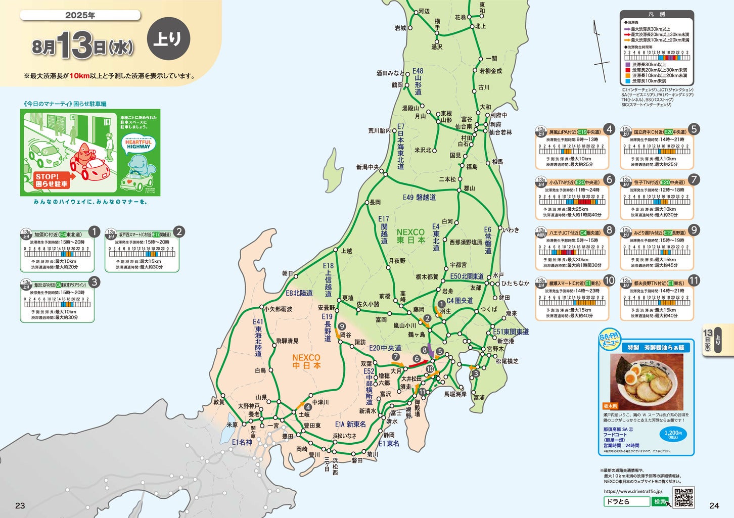2025年 お盆期間中の渋滞予測マップ。（c）NEXCO東日本