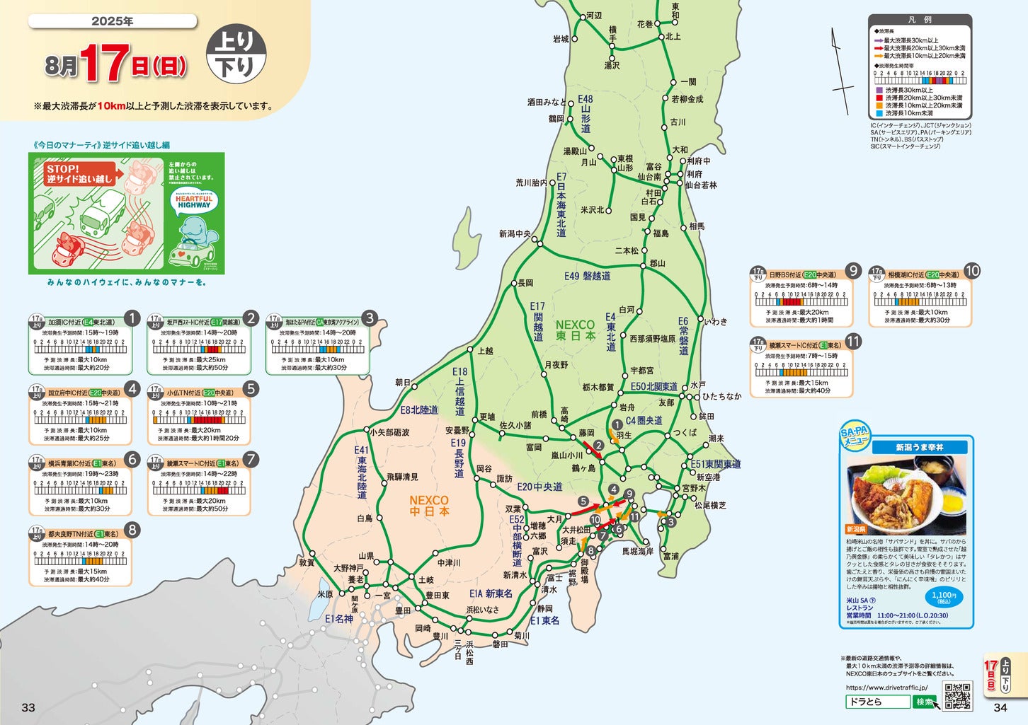 2025年 お盆期間中の渋滞予測マップ。（c）NEXCO東日本