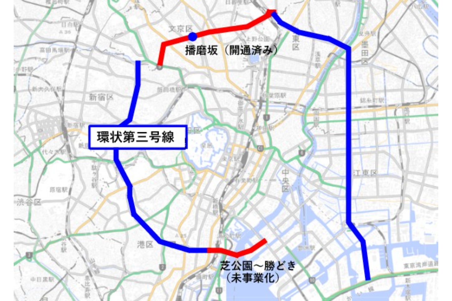 都市計画道路「環状第3号線」の概略図。青が開通済み、赤が未開通。