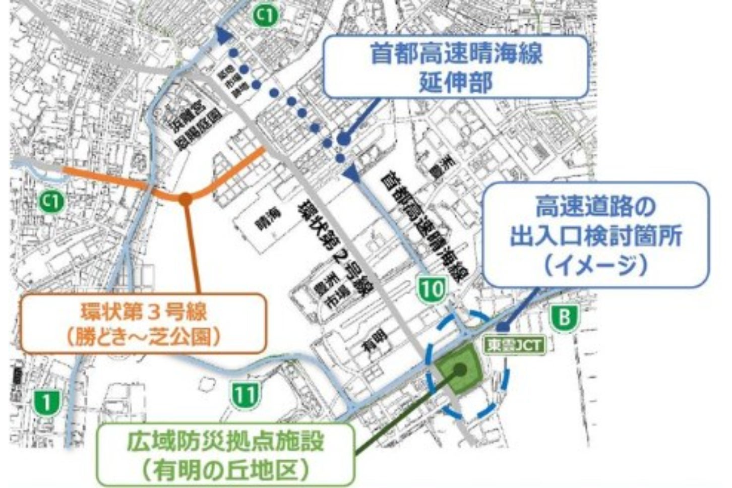 勝どき～芝公園の整備計画。オレンジの部分が海を通っているのがわかる。