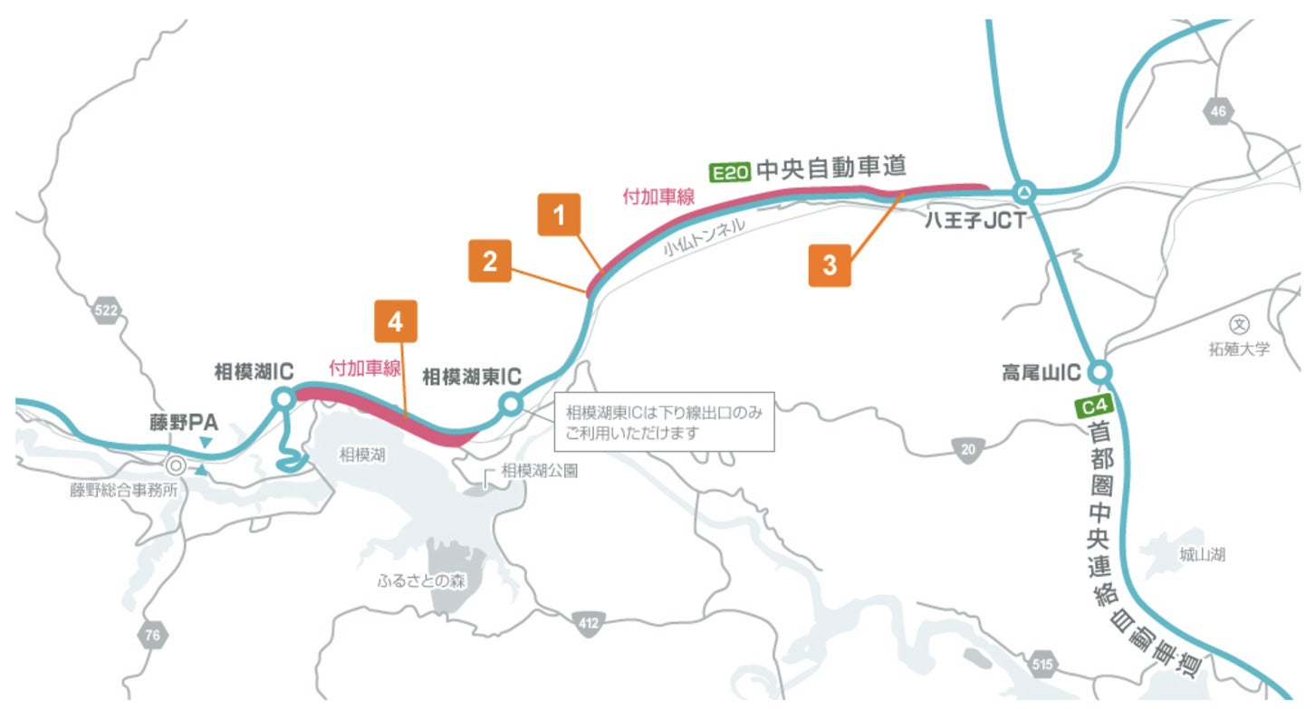 新小仏トンネルおよび相模湖高架橋の工事概要。ピンク色の部分にトンネルなどが建設される。