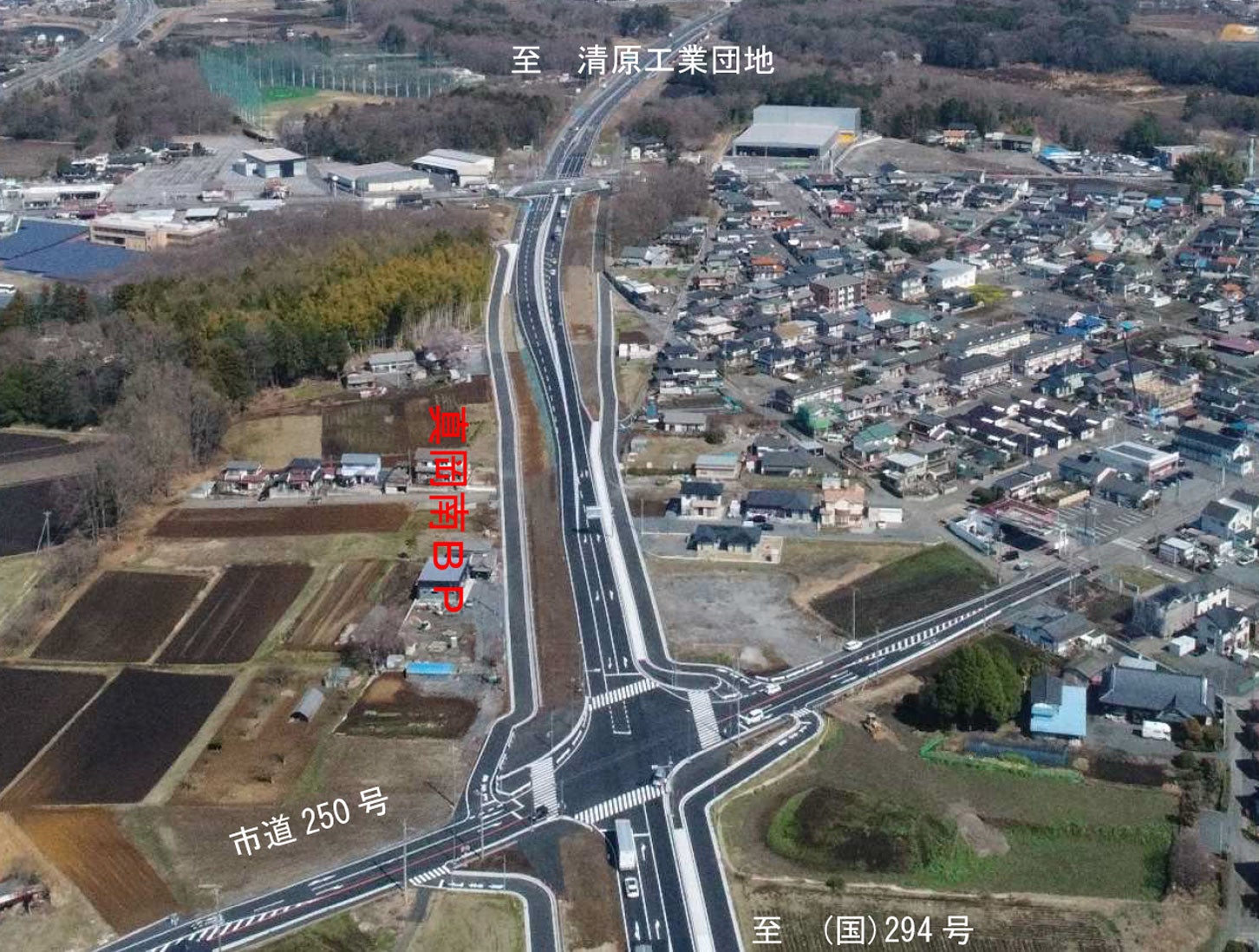 鬼怒テクノ通り「真岡南バイパス」市道250号付近。